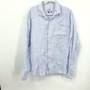 HIHO Shirt Men Size XL Button Down Top Blue White Striped 100% Linen Long Sleeve